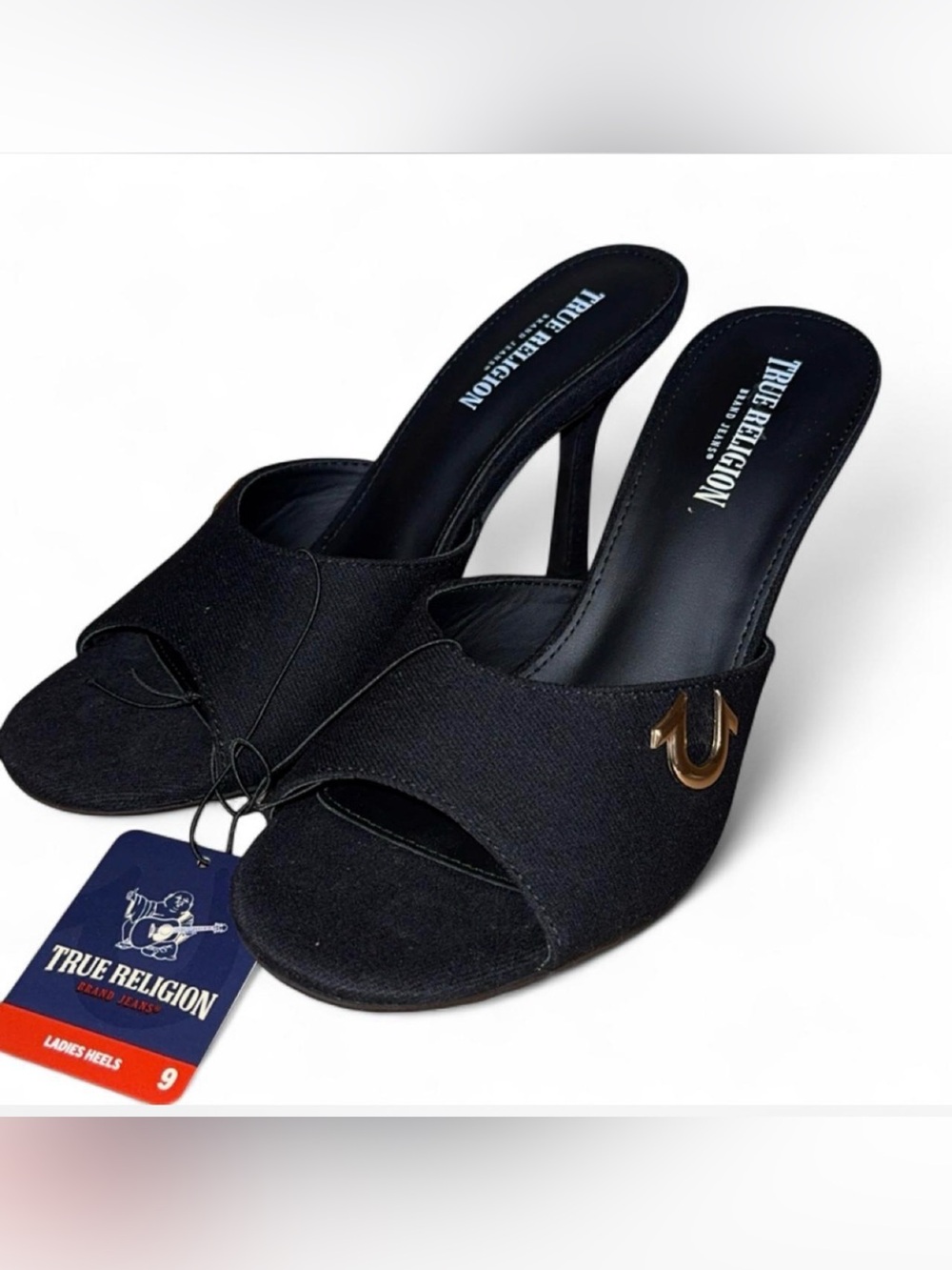 True Religion Black Open-Toe Slide Mules with Gold Logo Accent